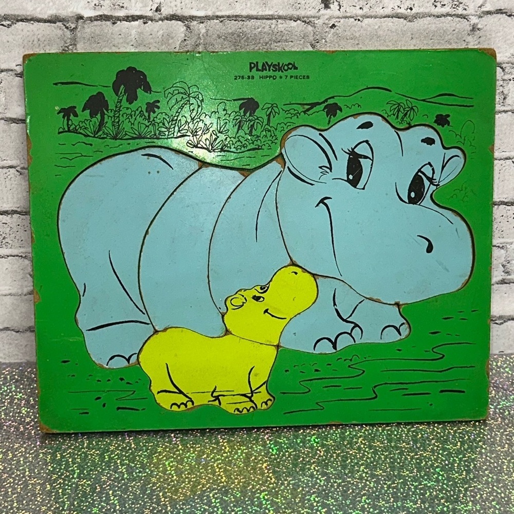 Playskool Vintage HIPPO Wooden 7 Pieces Puzzle Heavy Jigsaw Preschool COMPLETE